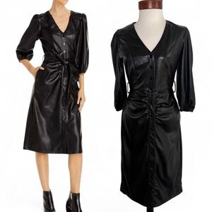 House of Harlow 1960‎ Faux Leather Midi Dress XS Black Ruched Office Siren Edgy